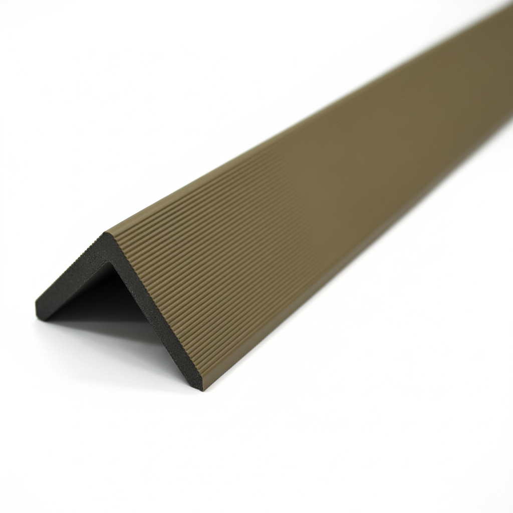 Detailed view of the Khaki L-shaped corner trim profile, ideal for protecting wall cladding edges.