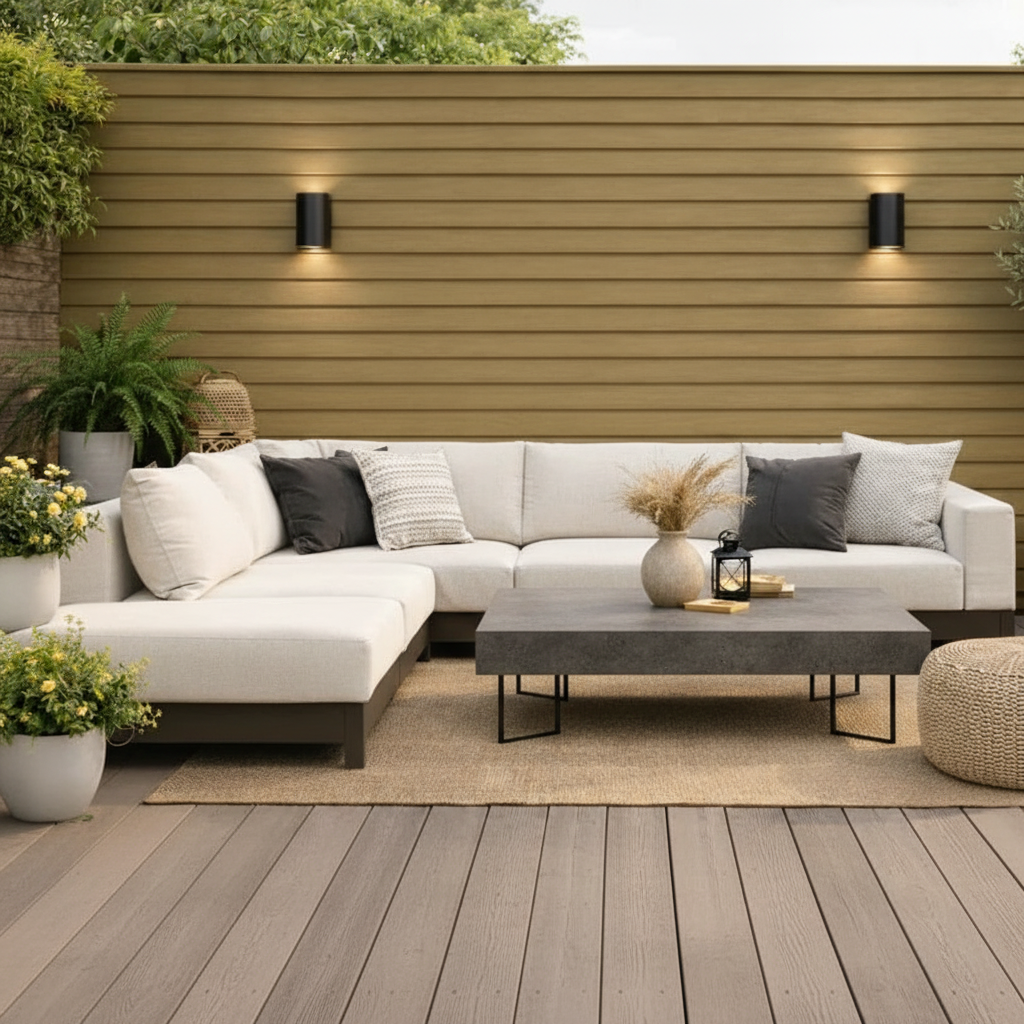 Khaki Outdoor Wall Cladding by Churchill Panels for a bright Scandinavian-style garden.