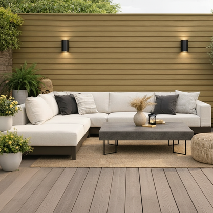 Khaki Outdoor Wall Cladding by Churchill Panels for a bright Scandinavian-style garden.