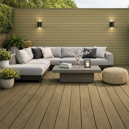 Minimalist Khaki composite decking creating a bright outdoor balcony space by Churchill Panels.