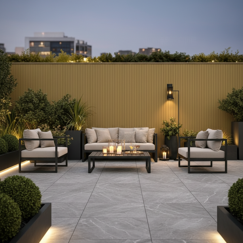 Designer Khaki 240cm outdoor wall panels installed in a nature-inspired garden retreat for a seamless, maintenance-free finish.