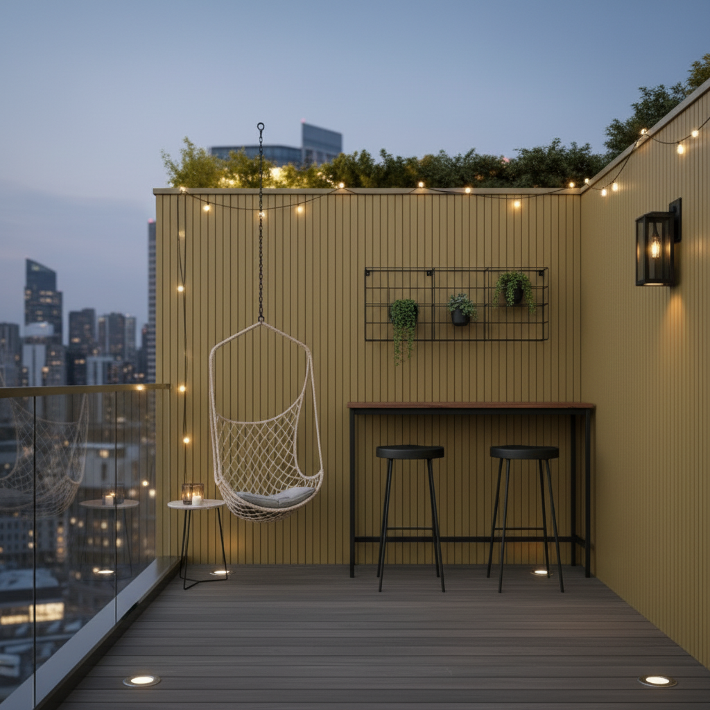 Muted Khaki composite cladding installed on a rooftop terrace, blending perfectly with natural outdoor lighting.