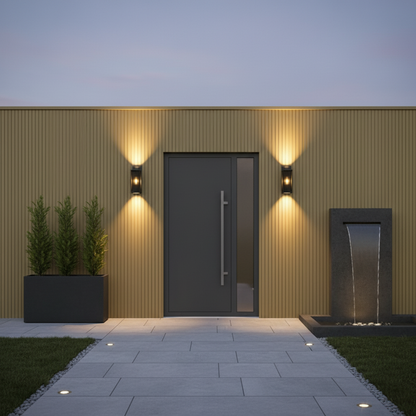 Designer Khaki outdoor wall panels providing a soft, organic earth-toned backdrop for a luxury patio area.