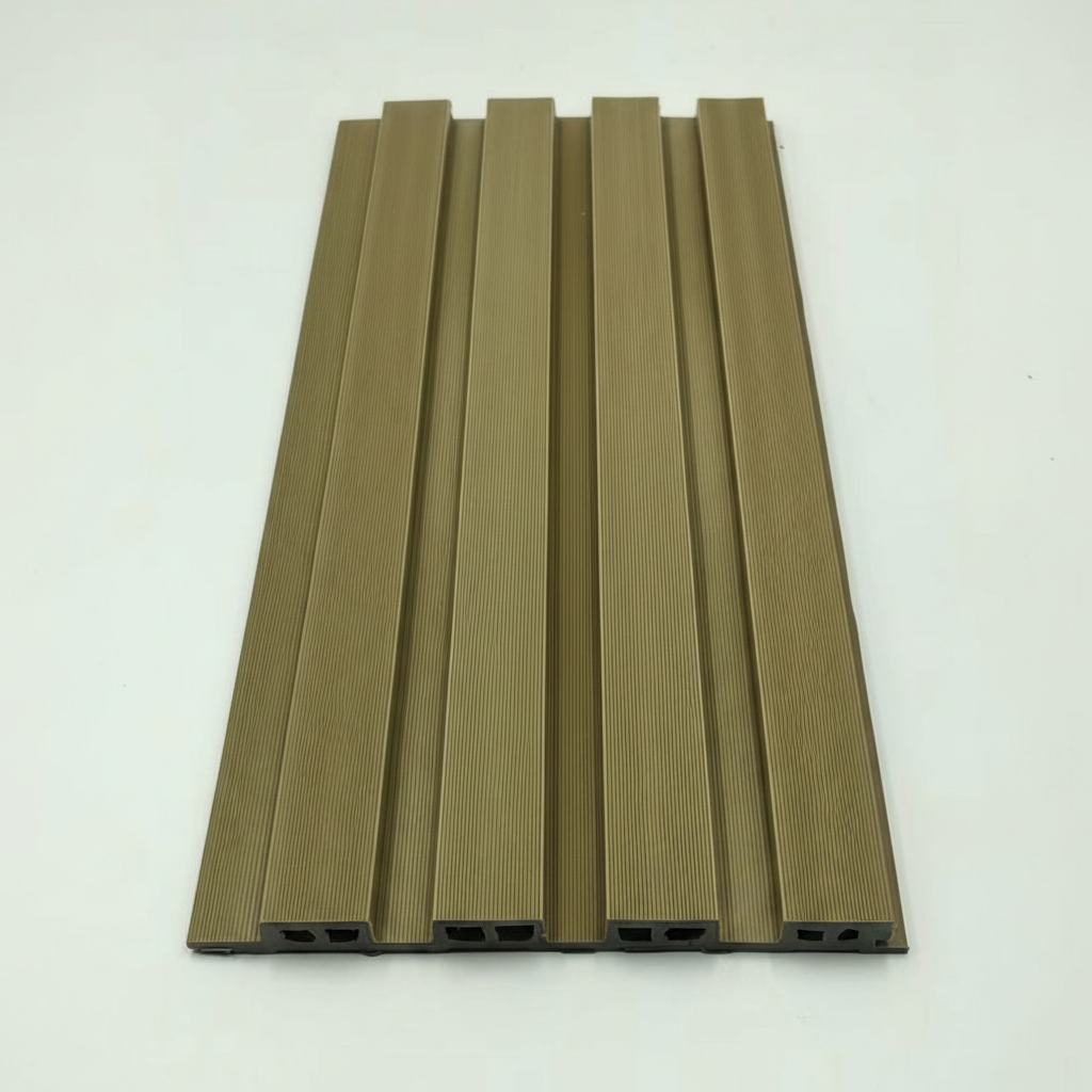 Top-down close-up of a Khaki 240cm WPC outdoor panel showing the muted designer tones and precision-engineered fluted slats.