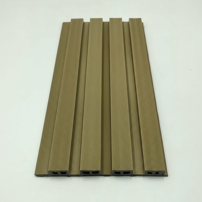 Top-down close-up of a Khaki 240cm WPC outdoor panel showing the muted designer tones and precision-engineered fluted slats.