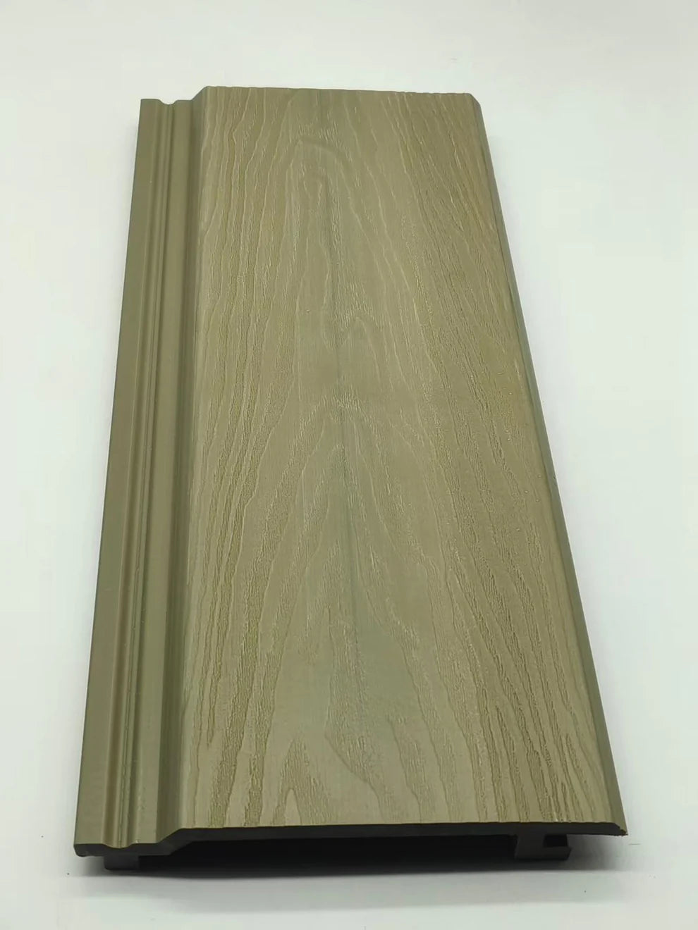 Light Khaki WPC cladding showing the natural wood grain and light-reflecting finish.