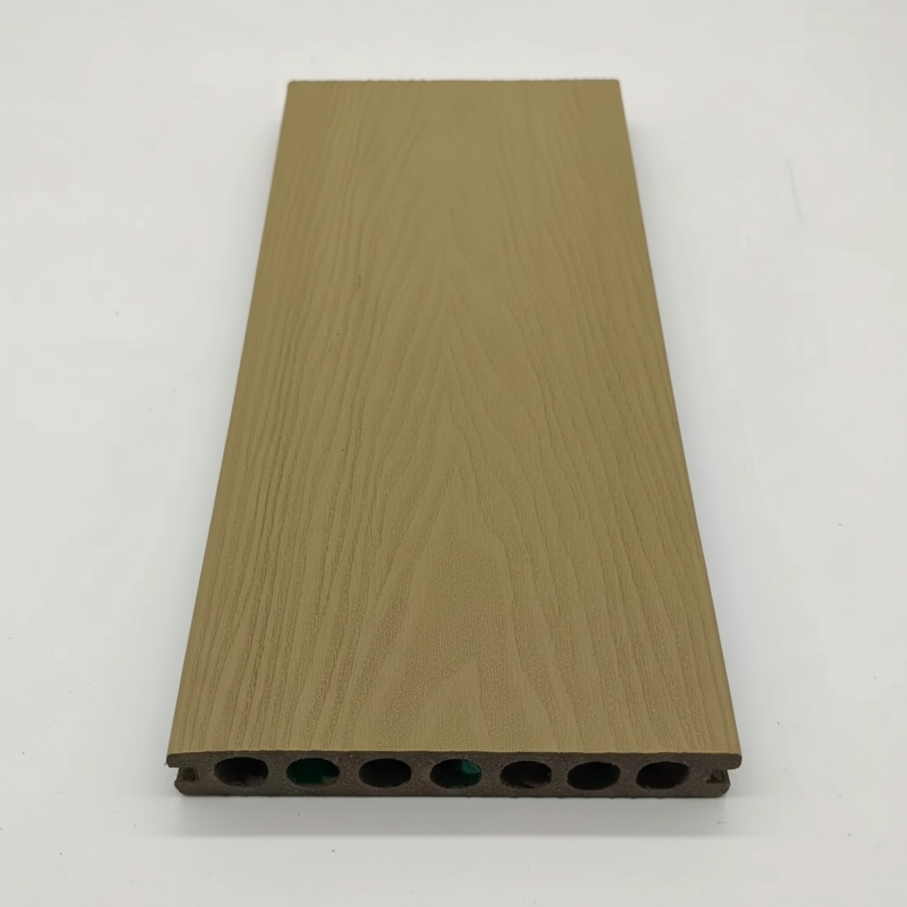 Texture detail of Khaki outdoor decking boards with a light, natural wood aesthetic by Churchill Panels.