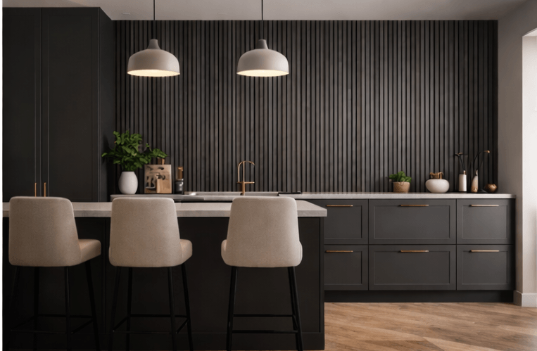 Luxury product material showcase for Churchill Panels summer sale display, featuring vertical oak wood wall slats, high-gloss grey marble panels, and composite outdoor decking planks set against a textured dark charcoal architectural backdrop.
