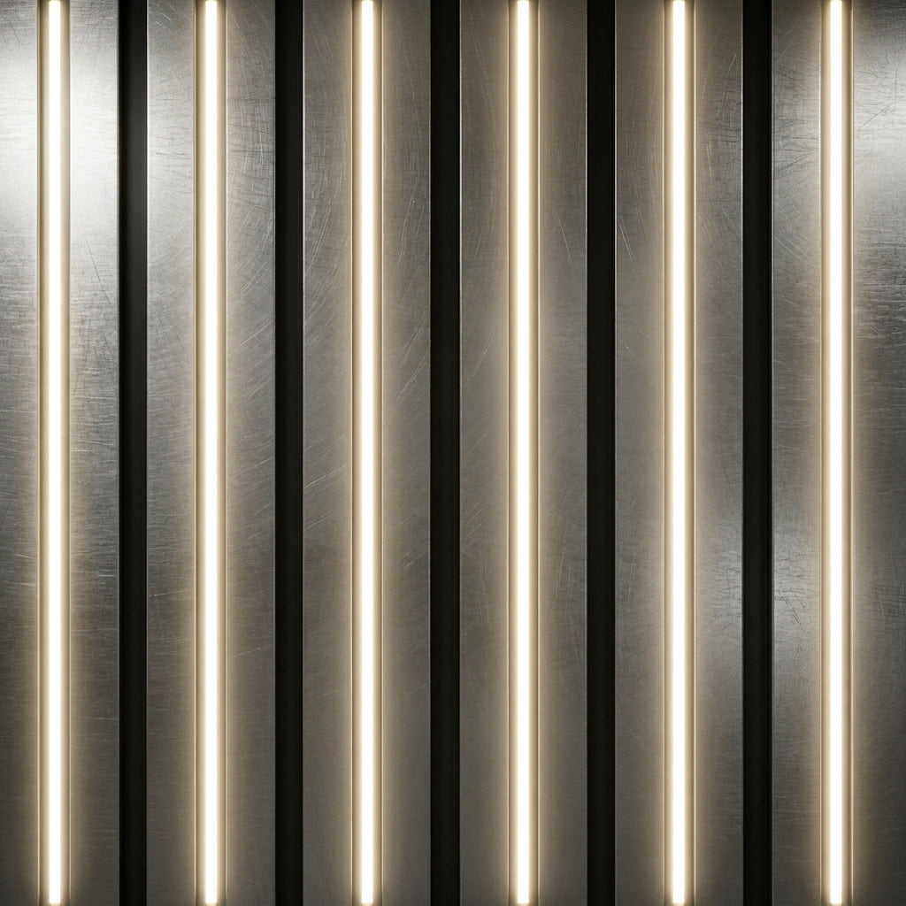 Close-up view of warm white LED lighting strips designed to fit perfectly between acoustic wall panel slats.