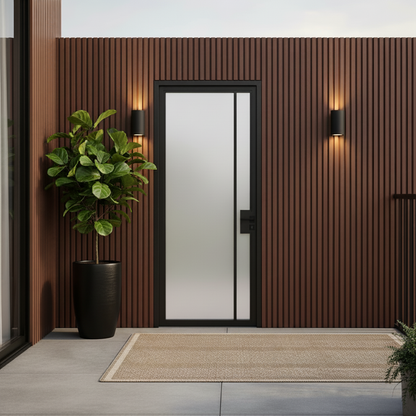 Classic Light Brown composite wall cladding installed around a modern doorway for an inviting timber aesthetic.