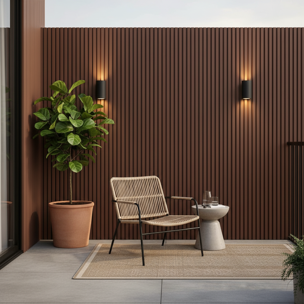 Weather-proof Light Brown WPC slats used for a high-end residential exterior feature wall.
