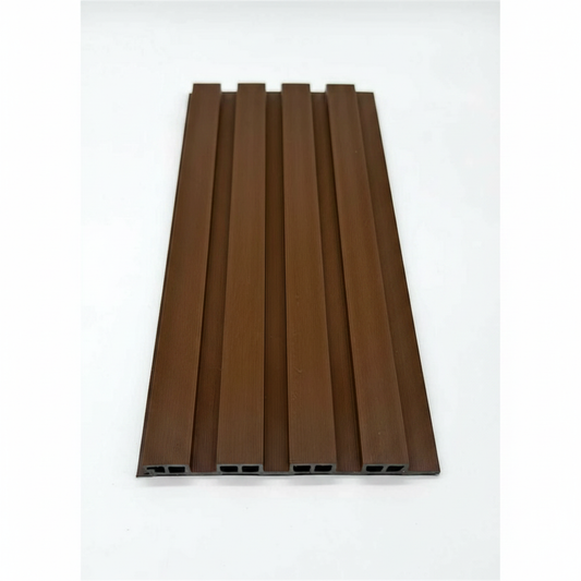 Top-down close-up of a Light Brown 240cm WPC outdoor panel highlighting the light earth tones and 1.4cm spacing between slats.
