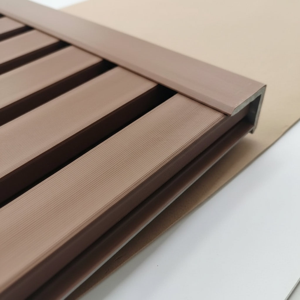 Detailed view of a Light Brown architectural trim capping the end of a wall panel system to hide raw edges.