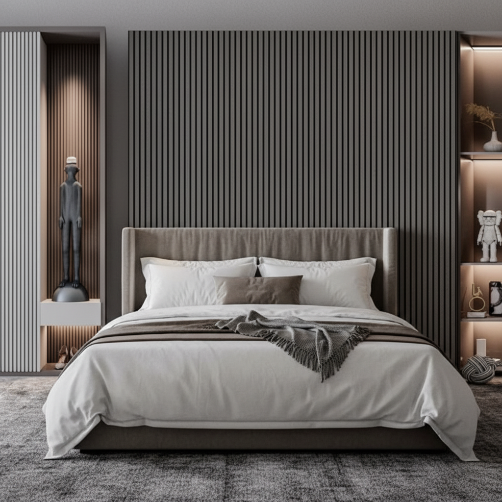 Modern bedroom interior featuring a Light Grey acoustic slat wall panel headboard for a quiet luxury aesthetic.