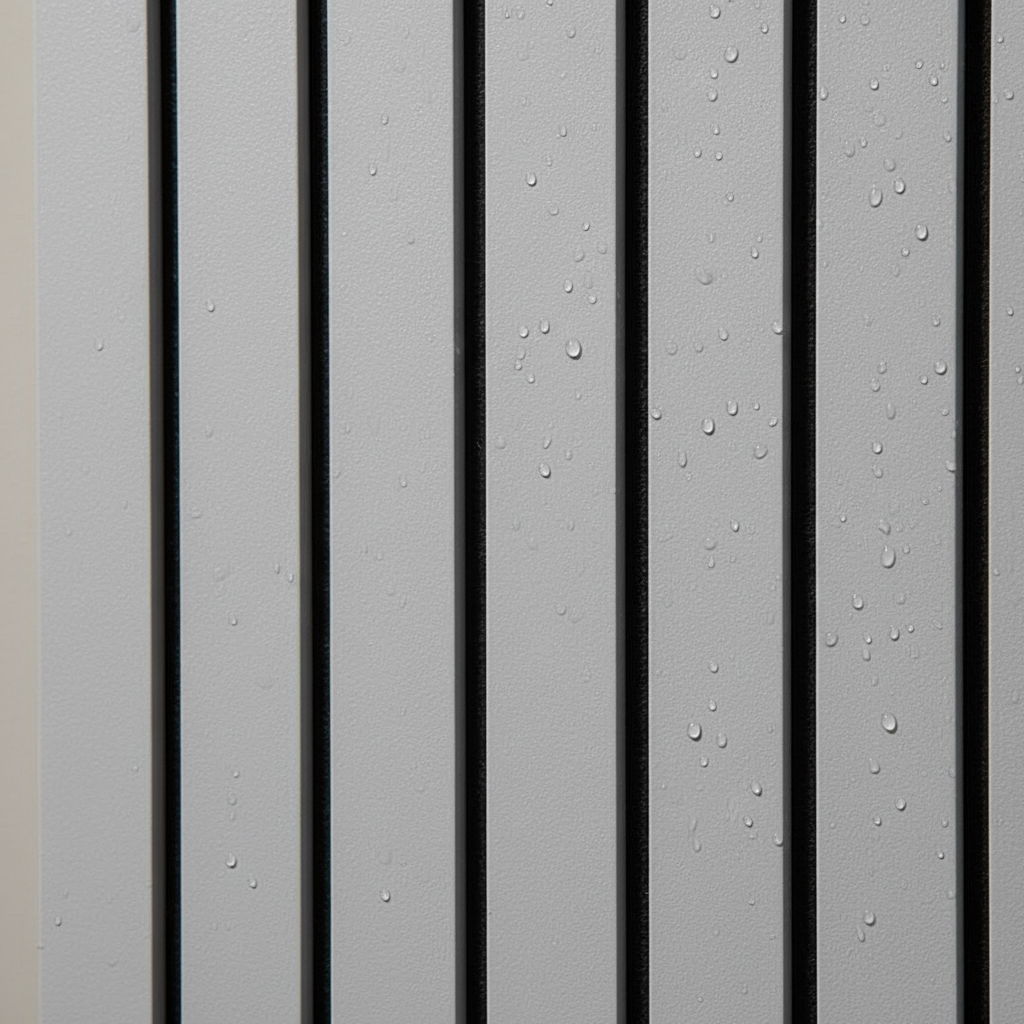 Textured Light Grey PVC wall panel detail showing durable slat construction for wet rooms.