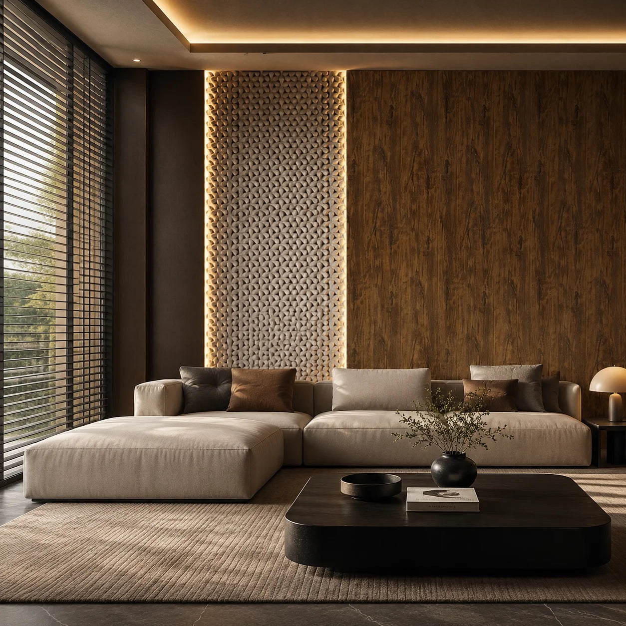 High-end modern living room interior featuring an elegant feature accent wall cladded in vertical walnut wood SPC panels integrated with backlit decorative openwork screens.