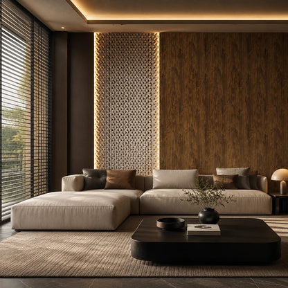 High-end modern living room interior featuring an elegant feature accent wall cladded in vertical walnut wood SPC panels integrated with backlit decorative openwork screens.