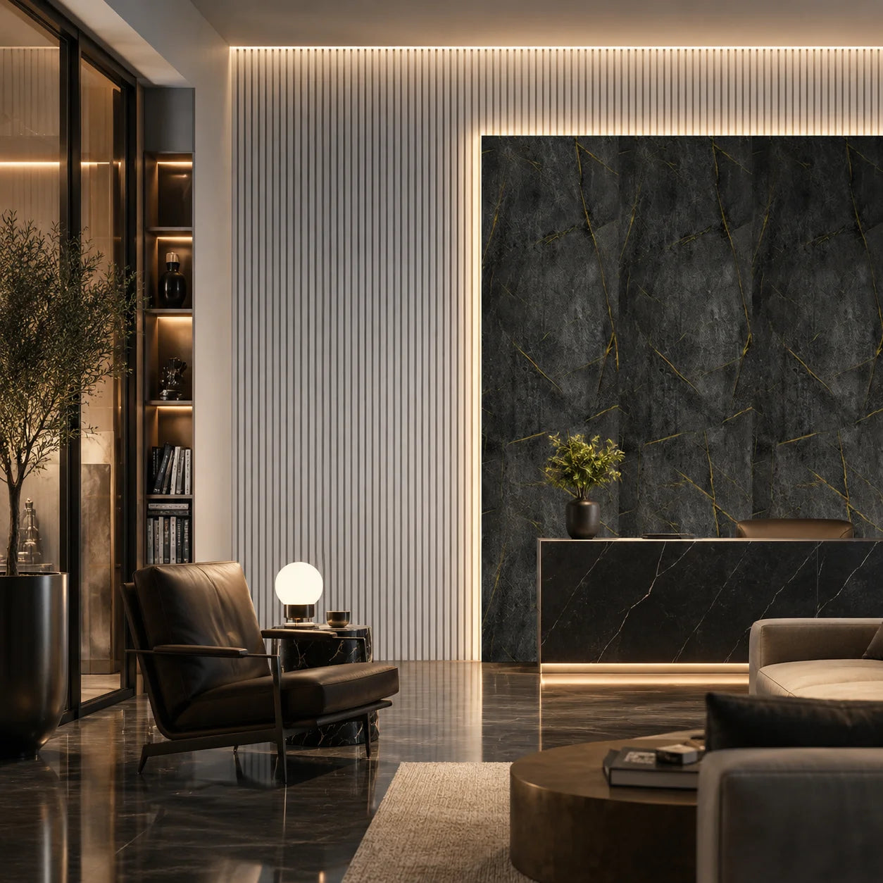 High-end commercial lobby interior featuring an accent wall made of black and gold marble PVC cladding paired with white fluted wall panels.