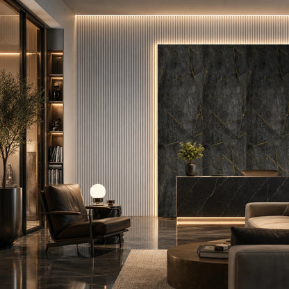 High-end commercial lobby interior featuring an accent wall made of black and gold marble PVC cladding paired with white fluted wall panels.