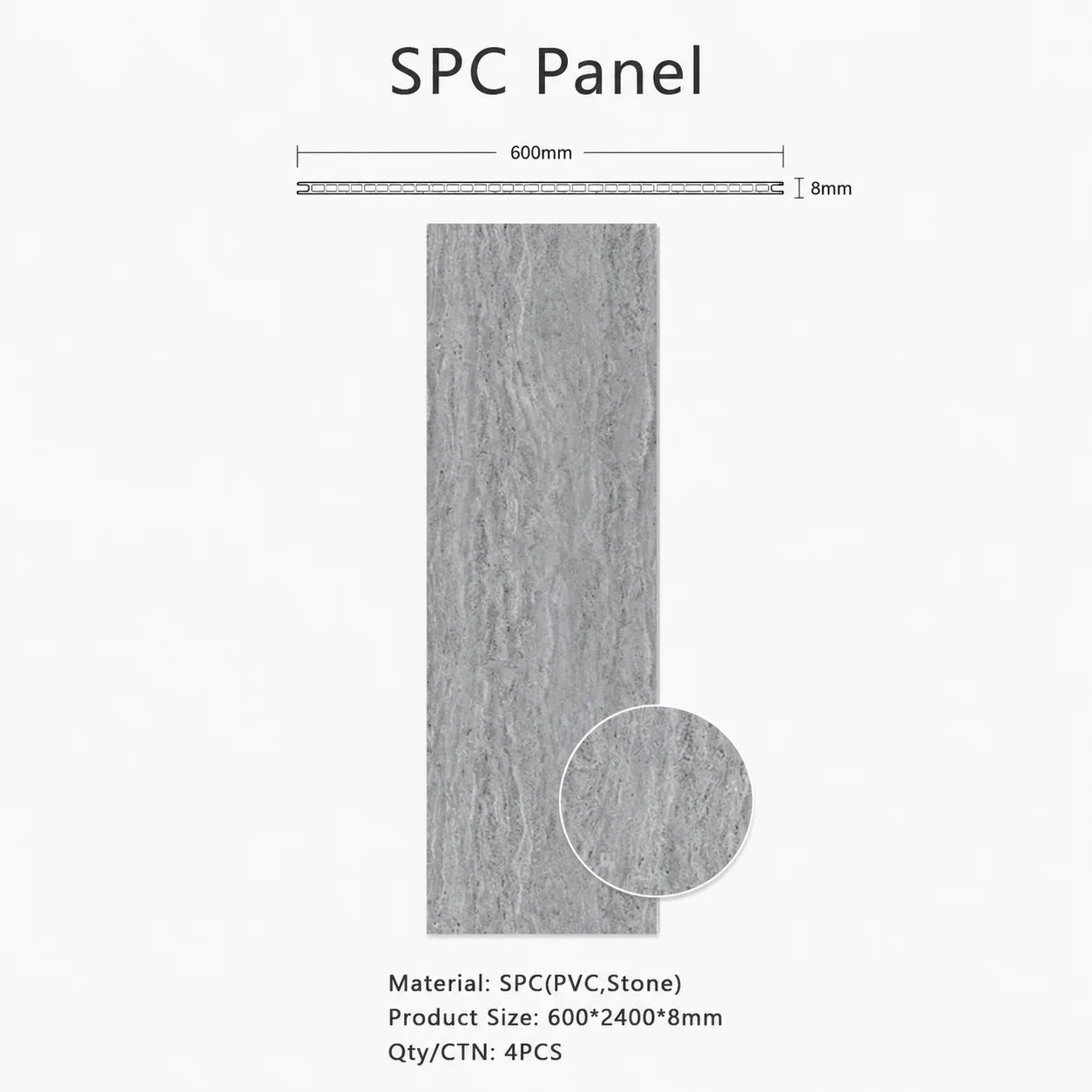 Technical diagram for Mix Grey Marble SPC PVC wall cladding, showing 2400 by 600 by 9mm dimensions, a 4-piece carton pack, and a tongue and groove interlocking system.