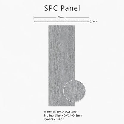 Technical diagram for Mix Grey Marble SPC PVC wall cladding, showing 2400 by 600 by 9mm dimensions, a 4-piece carton pack, and a tongue and groove interlocking system.