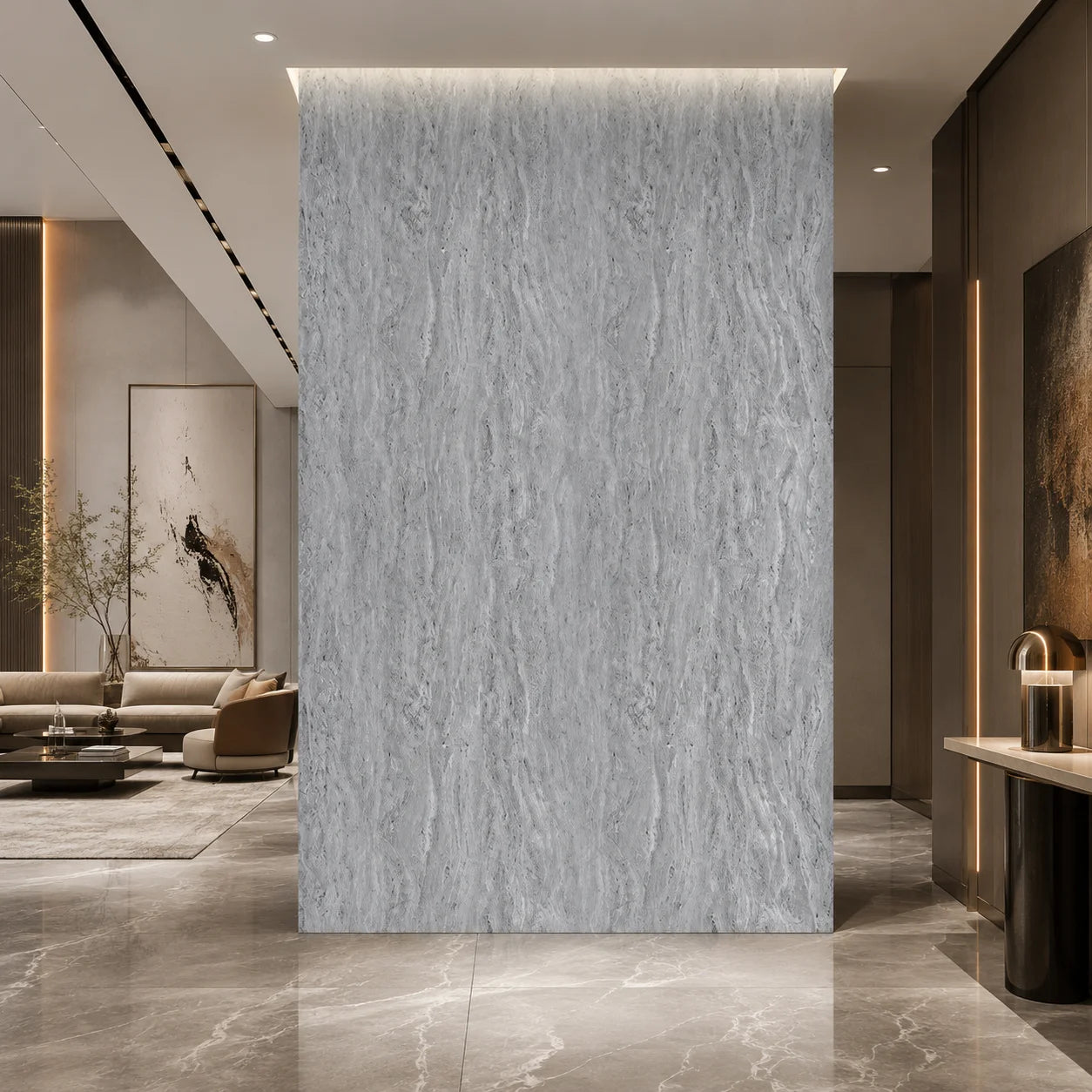 Modern hallway luxury interior featuring an feature wall cladded with Mix Grey Marble PVC panels highlighted by warm LED strip backlighting.