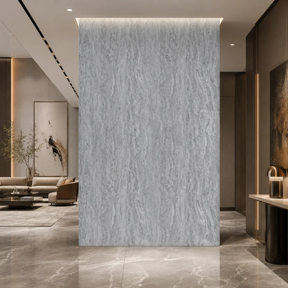 Modern hallway luxury interior featuring an feature wall cladded with Mix Grey Marble PVC panels highlighted by warm LED strip backlighting.