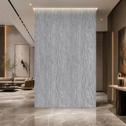 Modern hallway luxury interior featuring an feature wall cladded with Mix Grey Marble PVC panels highlighted by warm LED strip backlighting.