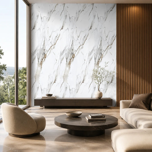 Bright, spacious living room interior featuring a full-height accent wall cladded in luxury white and gold marble PVC panels next to wooden fluted slatted boards.