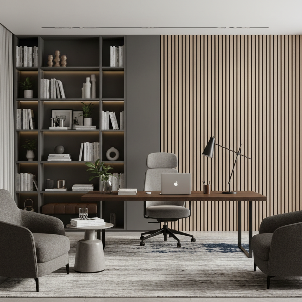 Modern home office interior featuring a Natural Oak slat wall background for improved acoustics and professional Zoom call aesthetics.