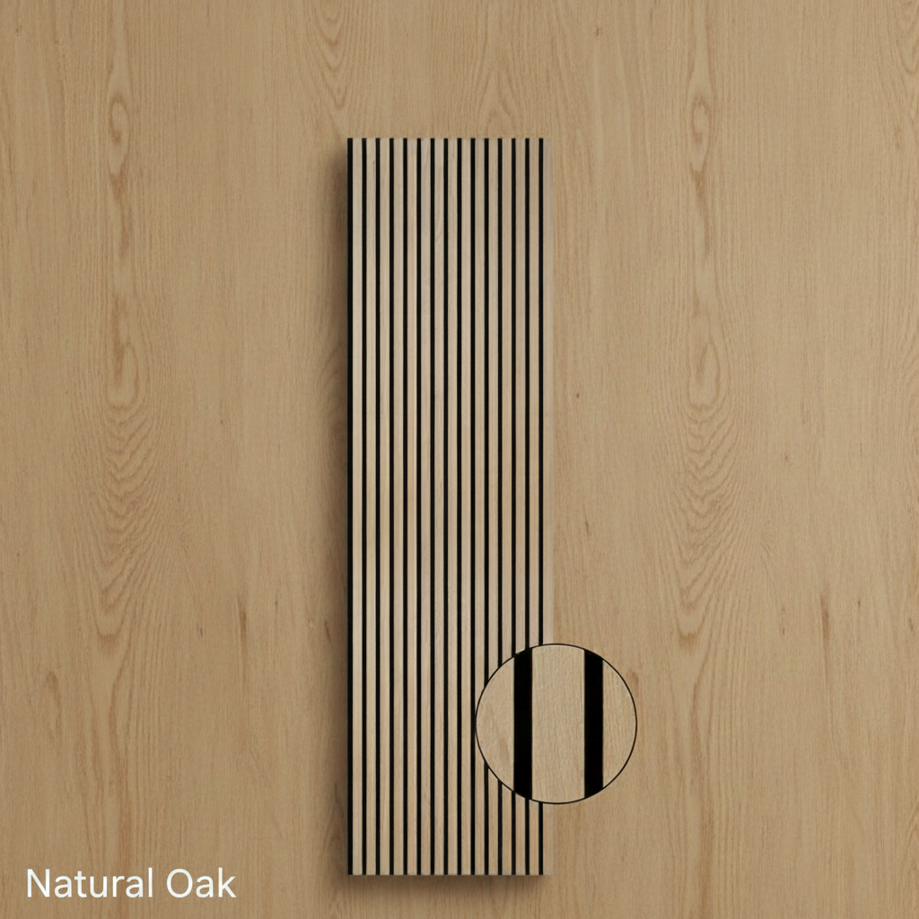Front-facing sample of a Natural Oak acoustic slat wall panel highlighting the 3D depth and premium timber finish.
