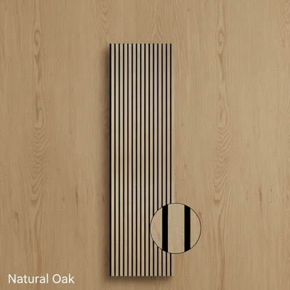 Front-facing sample of a Natural Oak acoustic slat wall panel highlighting the 3D depth and premium timber finish.