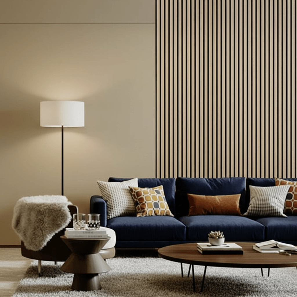 Elegant living room with a large feature wall made of Natural Oak acoustic slats, styled with a blue sofa and modern furniture.