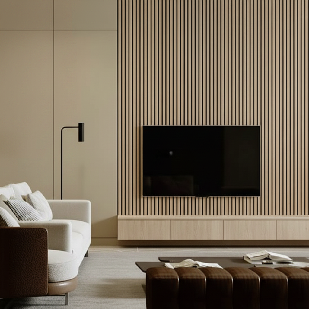 Luxury media wall design with Natural Oak acoustic slats behind a wall-mounted TV, creating a contemporary living room focal point.