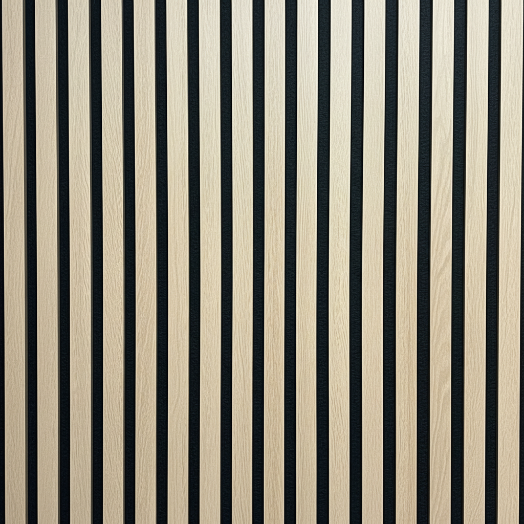 Detailed close-up of Natural Oak acoustic slat wall panels showing the high-quality wood grain finish and black sound-absorbing felt backing.
