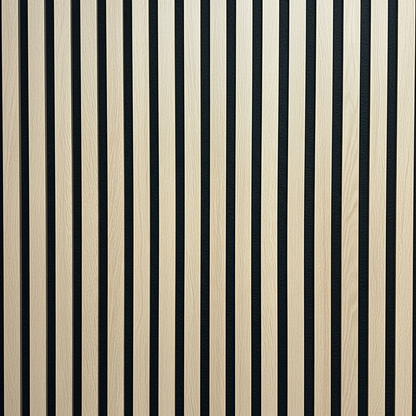 Detailed close-up of Natural Oak acoustic slat wall panels showing the high-quality wood grain finish and black sound-absorbing felt backing.