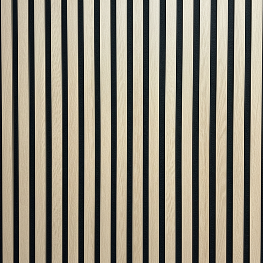 Detailed close-up of Natural Oak acoustic slat wall panels showing the high-quality wood grain finish and black sound-absorbing felt backing.