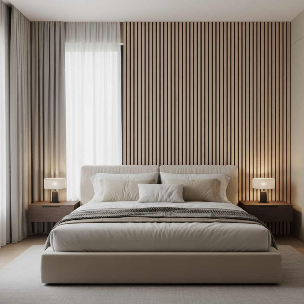 Scandinavian style bedroom featuring Natural Oak slat panels as a full-height headboard wall for a warm and restful environment.