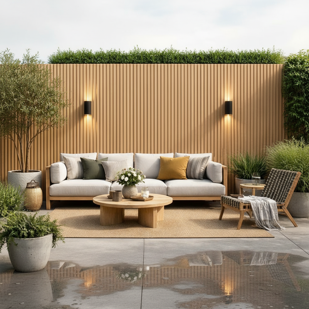 Authentic Oak outdoor composite wall panels providing a warm, golden timber aesthetic for a luxury patio feature wall.