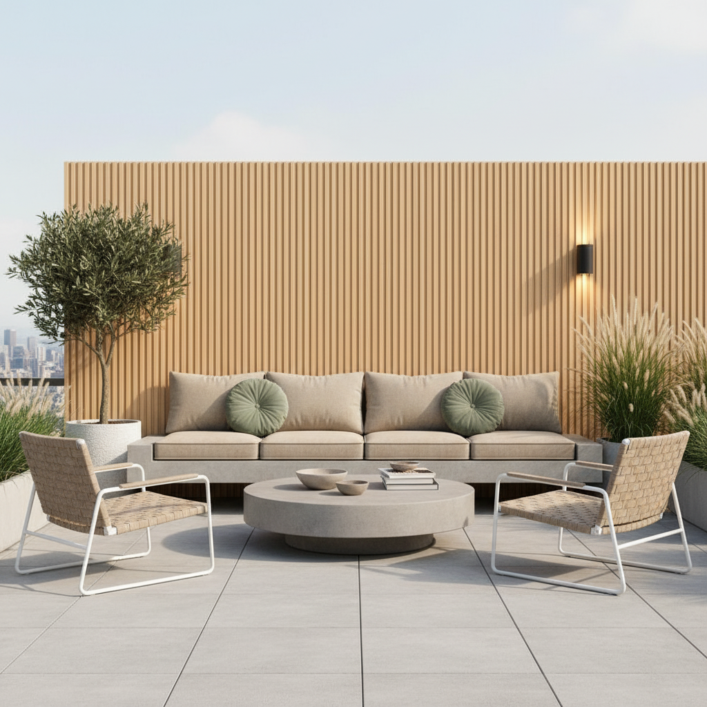 Scandi-style Oak WPC cladding installed in a modern garden setting to create a bright and airy architectural feel.