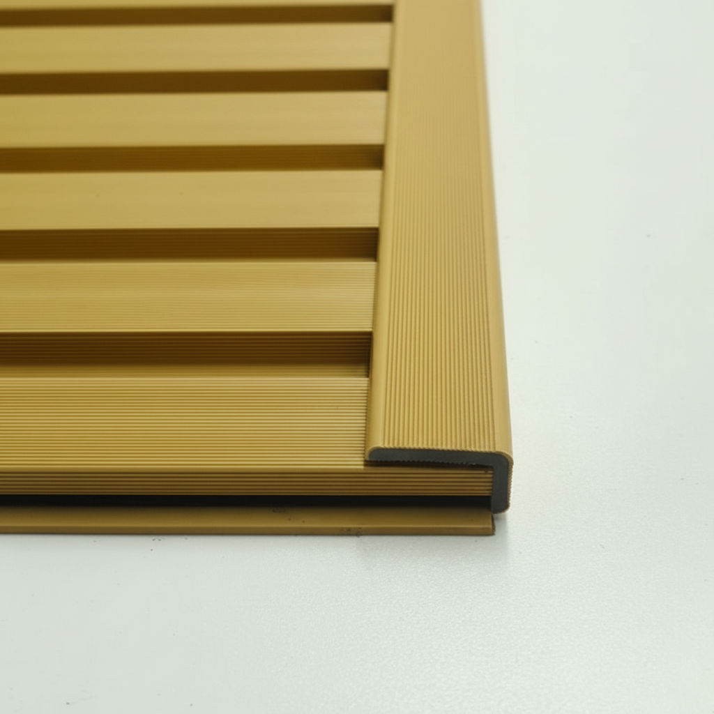 Oak architectural trim perfectly installed on the edge of a matching horizontal slat wall panel for a professional finish.