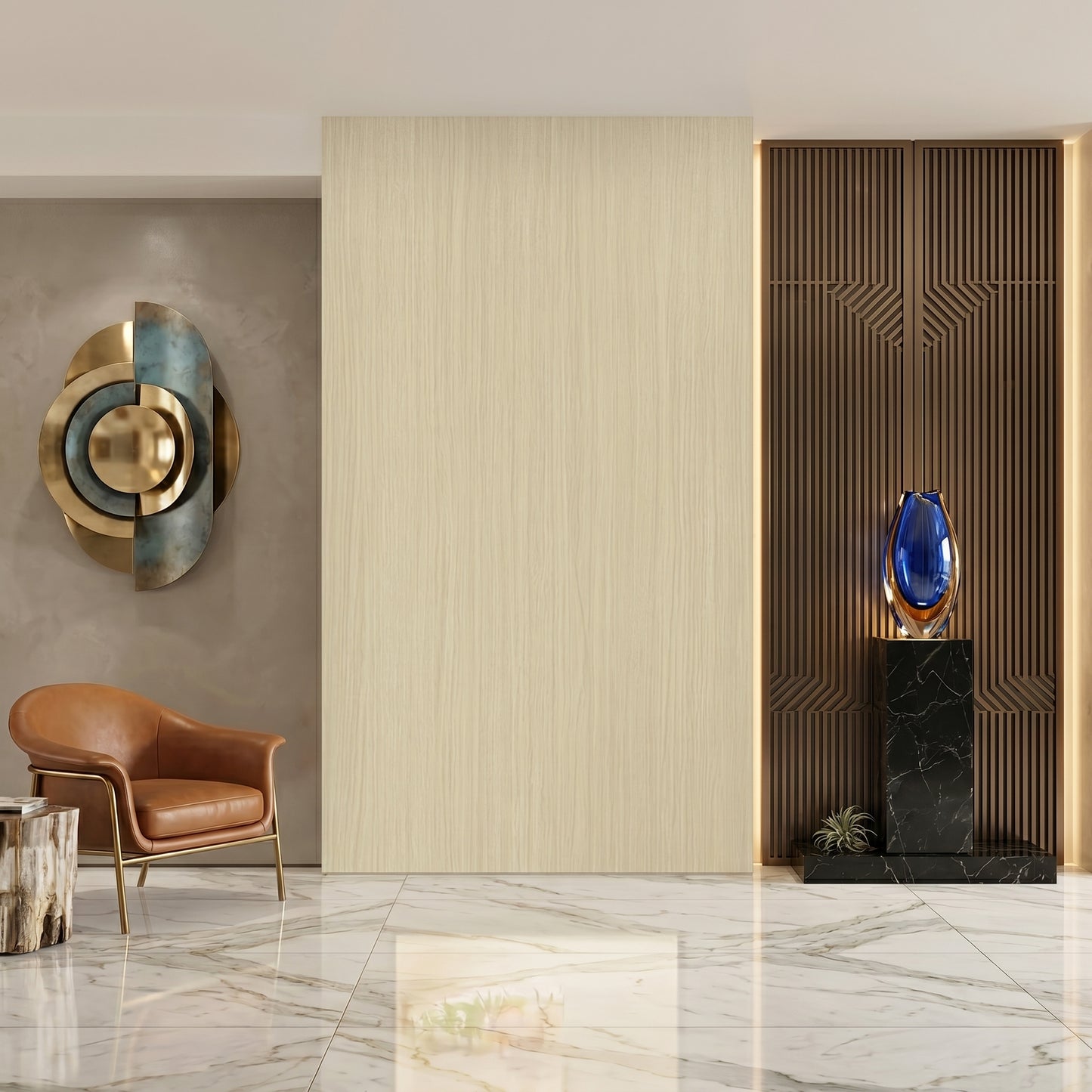 Luxury living room interior featuring a seamless premium light oak wood-effect SPC feature wall panel behind a modern leather armchair and marble tile flooring.