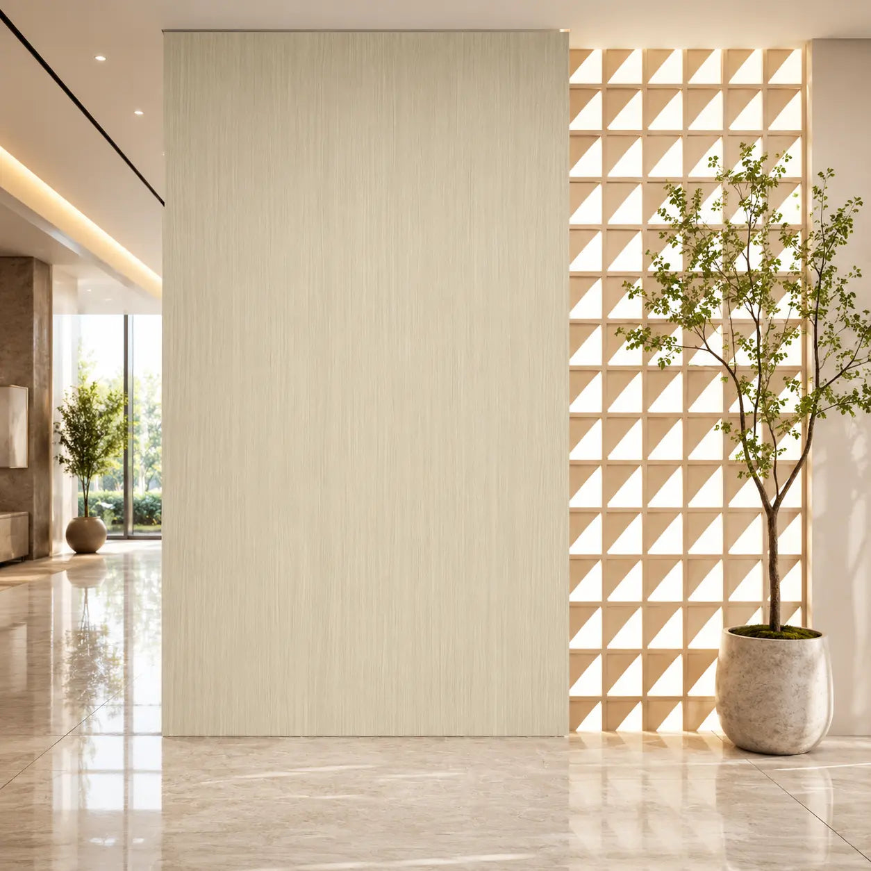 Modern minimalist hallway backdrop showcasing an ultra-clean, flush-mount light oak SPC wall board installation adjacent to a decorative textured divider wall.