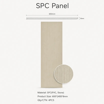 Technical line drawing and specification sheet for light oak SPC panel indicating standard 600mm width, 2400mm height, and 8mm structural thickness.