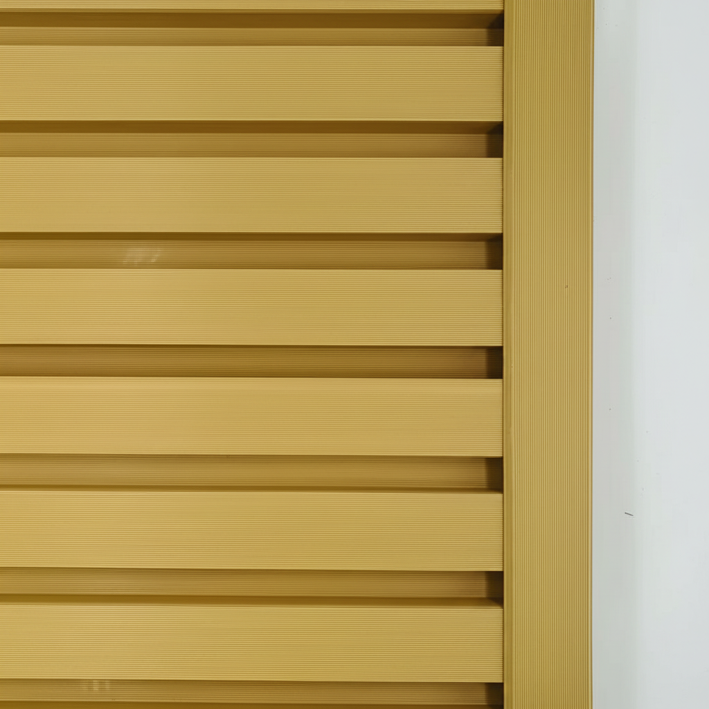etailed flat view of an oak-yellow architectural trim installed vertically alongside matching horizontal slat wall panels for a seamless finish.