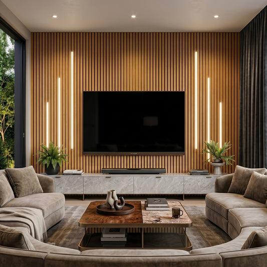 Premium remote-controlled white LED lighting strips installed vertically into a light oak wood slat media wall behind a luxury living room TV setup.