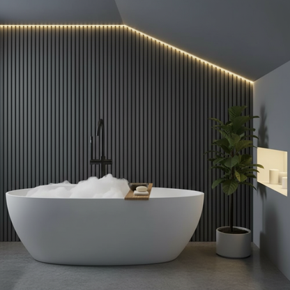 Luxury bathroom interior with Dark Grey contemporary PVC slat wall feature lighting.