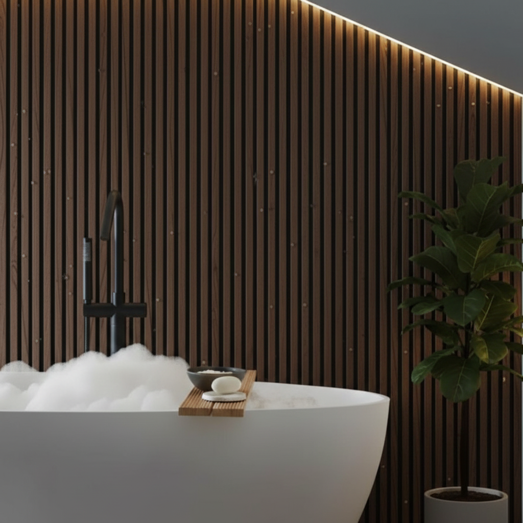 Moody bathroom aesthetic featuring Dark Oak PVC slat wall panels for a premium spa look.
