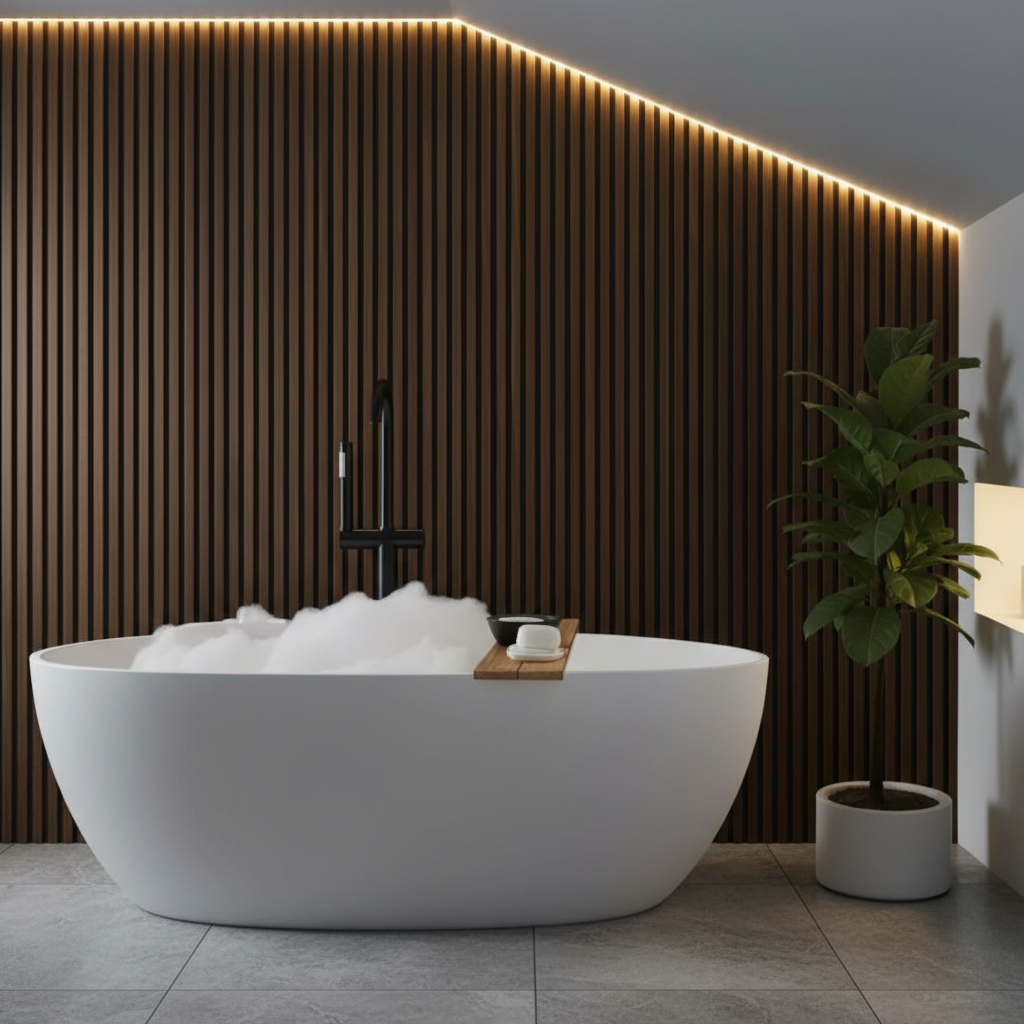 Executive bathroom style with Walnut luxury PVC slat wall panels and ambient LED lighting.