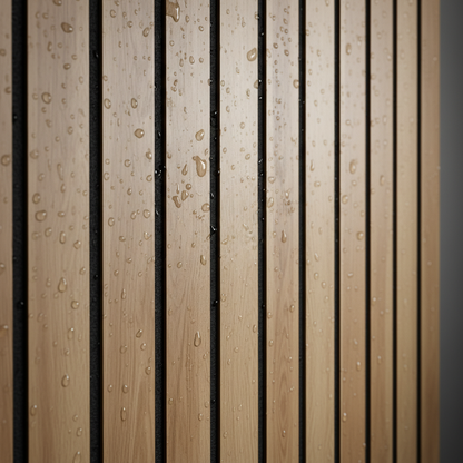 Close-up detail of Oak effect PVC slats showing waterproof surface and realistic wood grain.